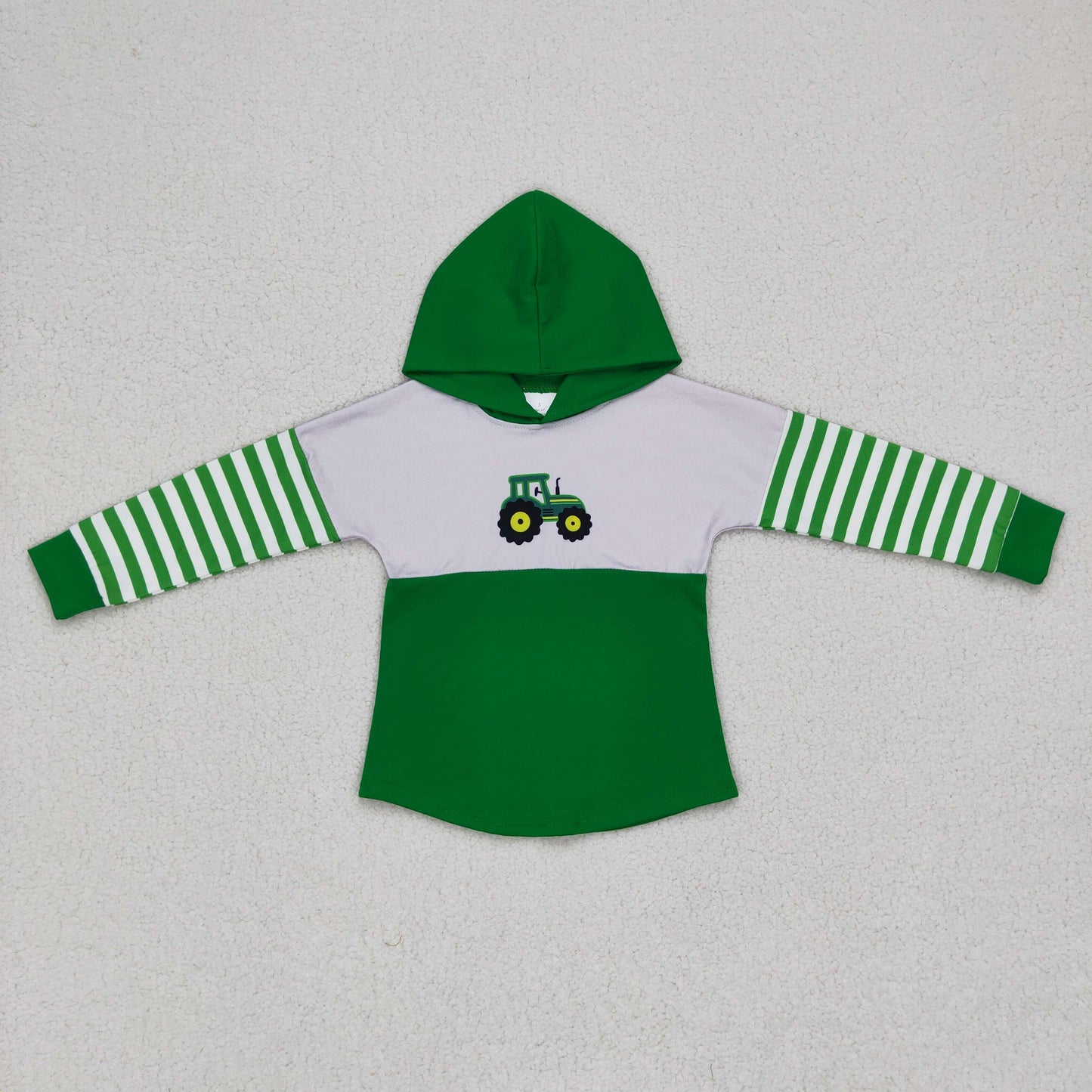 BT0371 Baby Boy Stripes Long Sleeves Tractor Hoodie Green Shirt