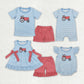 Baby Boy Girl Embroidery Farm Chicken Blue Stripes Sibling Romper Clothes Set