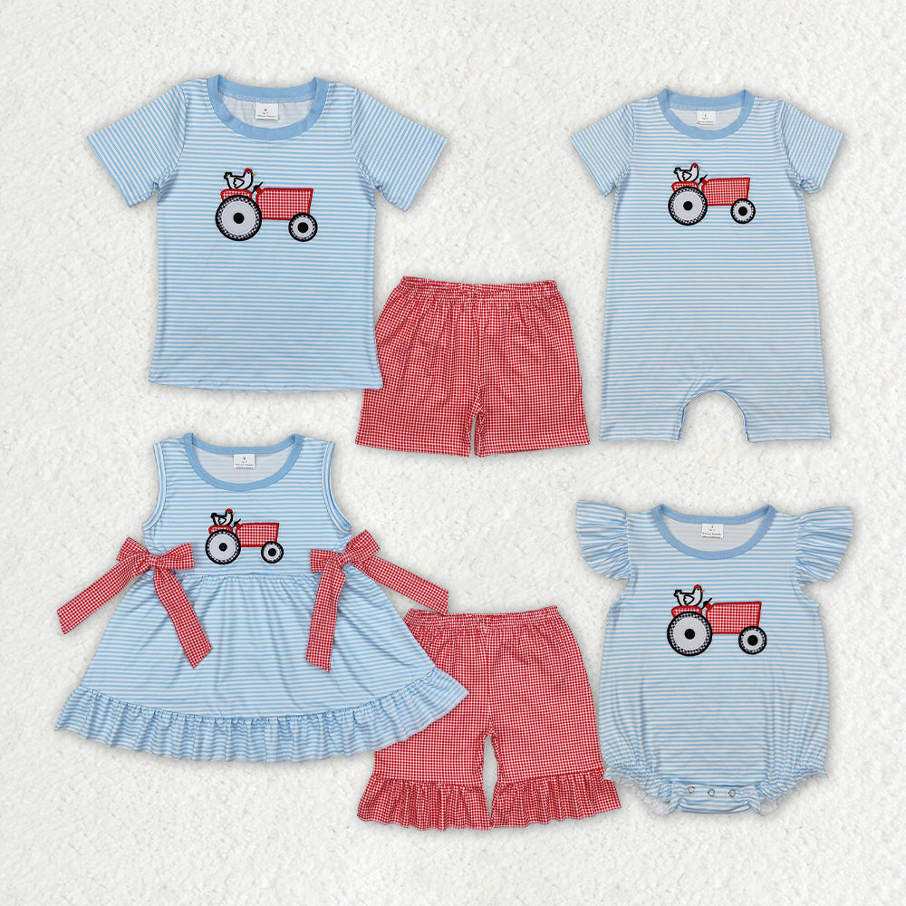 Baby Boy Girl Embroidery Farm Chicken Blue Stripes Sibling Romper Clothes Set