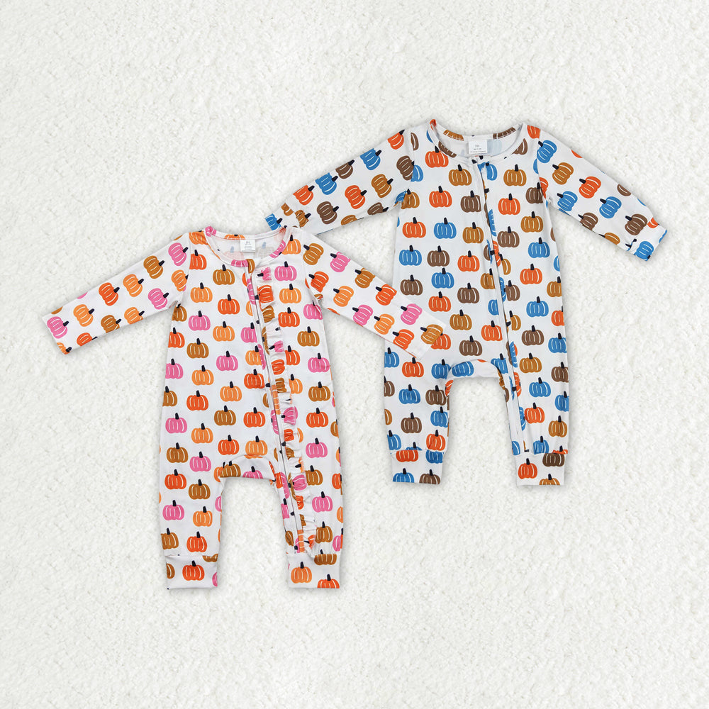 Baby Boy Girl Sibling Fall Pumpkin Zipper Romper