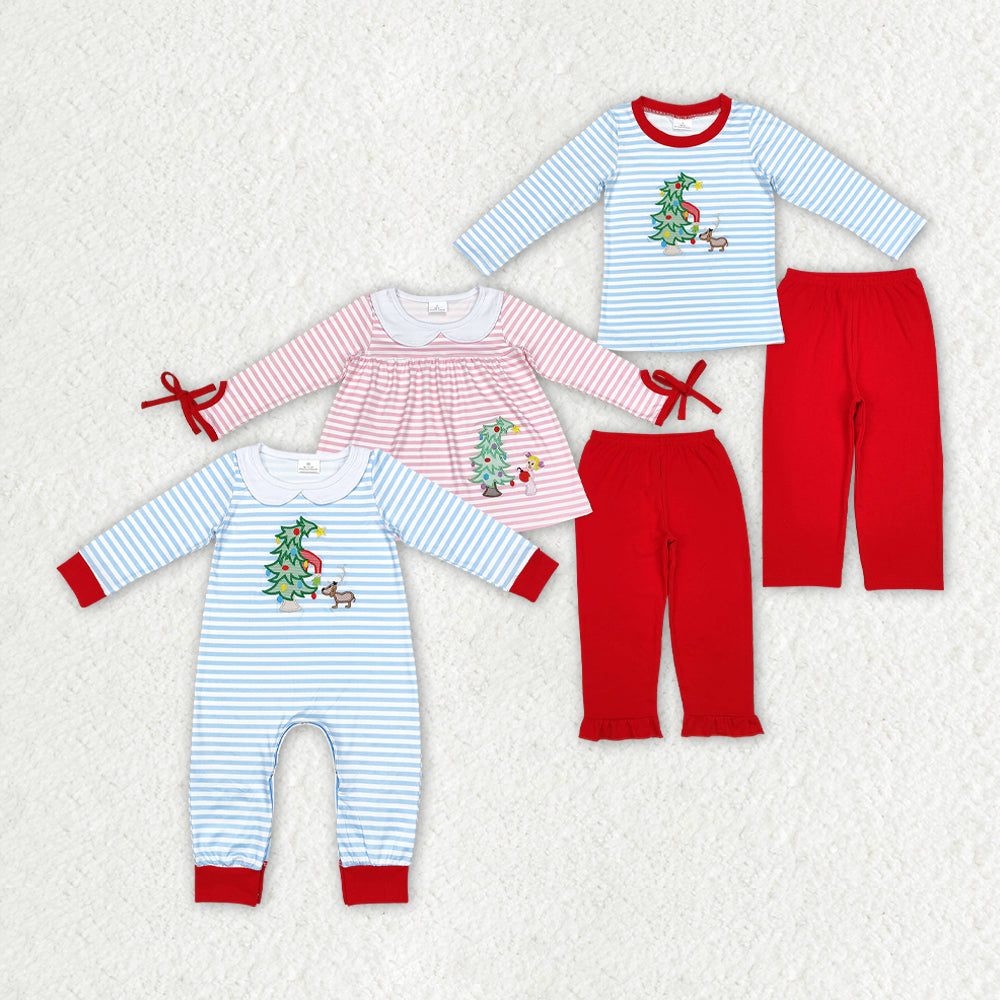 Baby Boy Girl Christmas Embroidery Tree Dog Sibling Romper Set