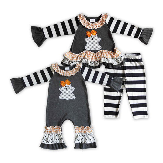 Baby Girls Kids Embroidery Ghosts Stripes Halloween Ruffle Romper Set Clothes RTS