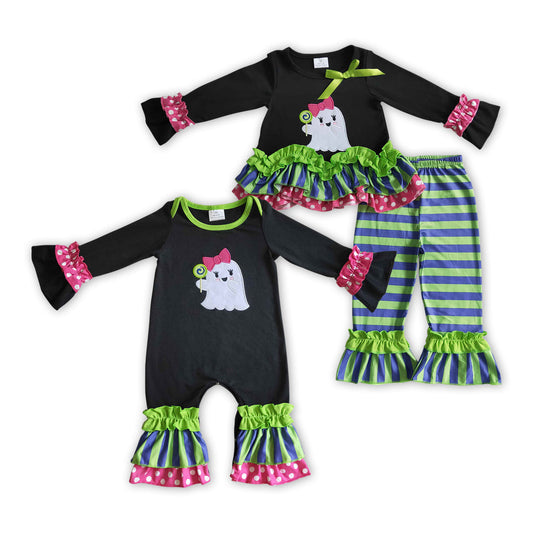 Baby Girls Kids Embroidery Ghosts Green Stripes Halloween Romper Set Clothes RTS