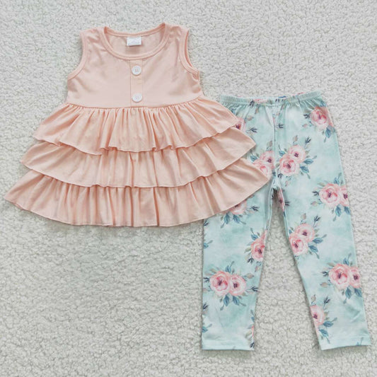 GSPO0697 Baby Girl Cotton Ruffle Tunic Floral Pants Outfit