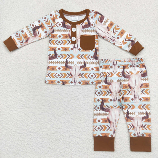 BLP0314 Baby Boy Western Long Sleeves Skull Cow Shirt Pants Pajamas Outfit