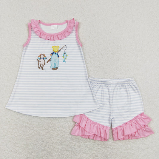 GSSO0412 Baby Girl Sleeveless Embroidery Fishing Tops Ruffle Stripes Shorts Set