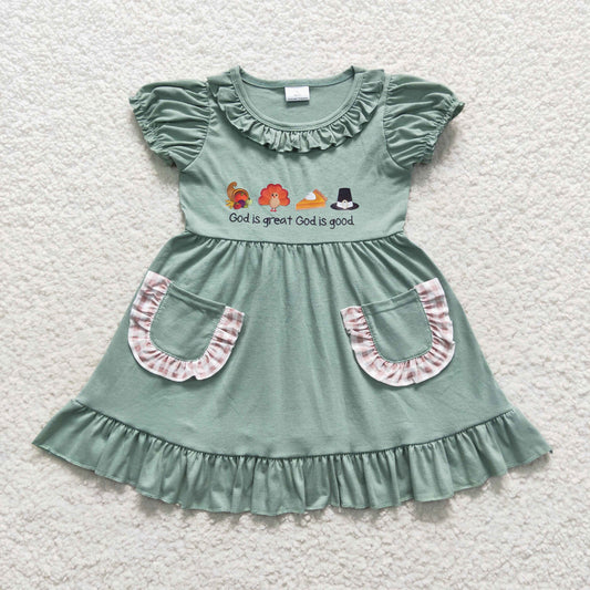 GSD0481 Baby Girl Short Sleeves turkey Pumpkin Pie Thanksgiving Pocket Dress