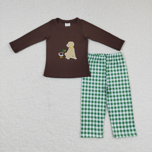 BLP0293 Baby Boy Long Sleeves Embroidery Duck Dog Shirt Green Plaid Pants Hunting Pajamas Christmas Outfit