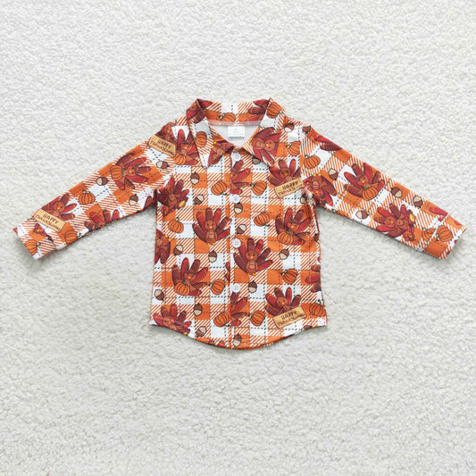 BT0255 Baby Boy Long Sleeves turkey Pumpkin Fall Cardigan Shirt