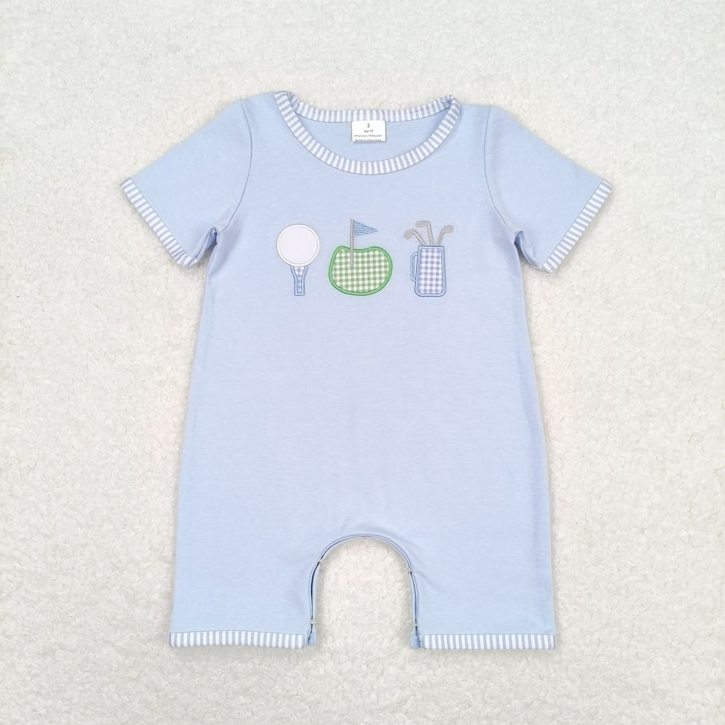 Baby Boy Short Sleeves Embroidery Golf Summer Blue Cotton One Piece Romper