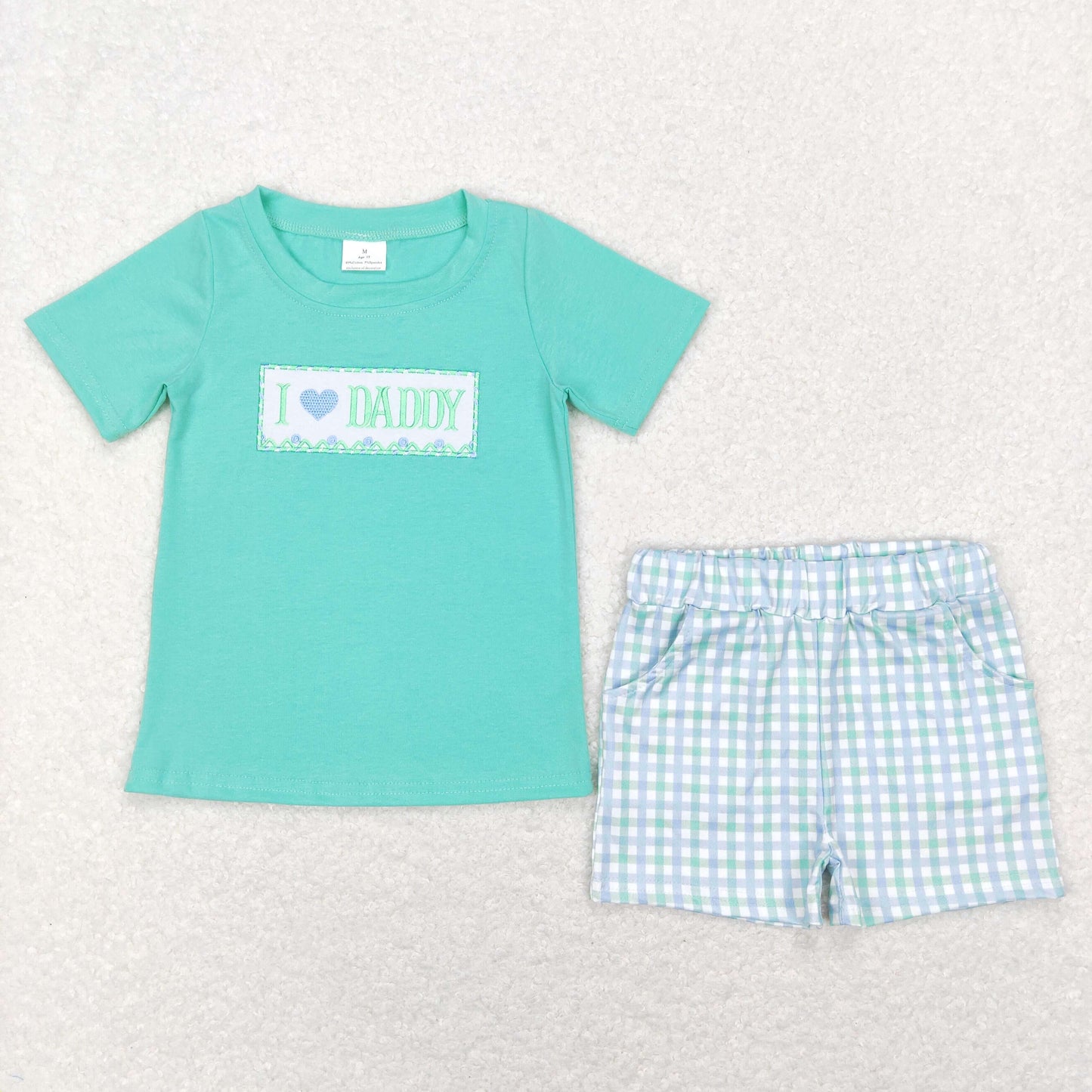 BSSO0406 Baby Boy Short Sleeves Embroidery I Love Daddy Shirt Plaid Pocket Shorts Summer Set