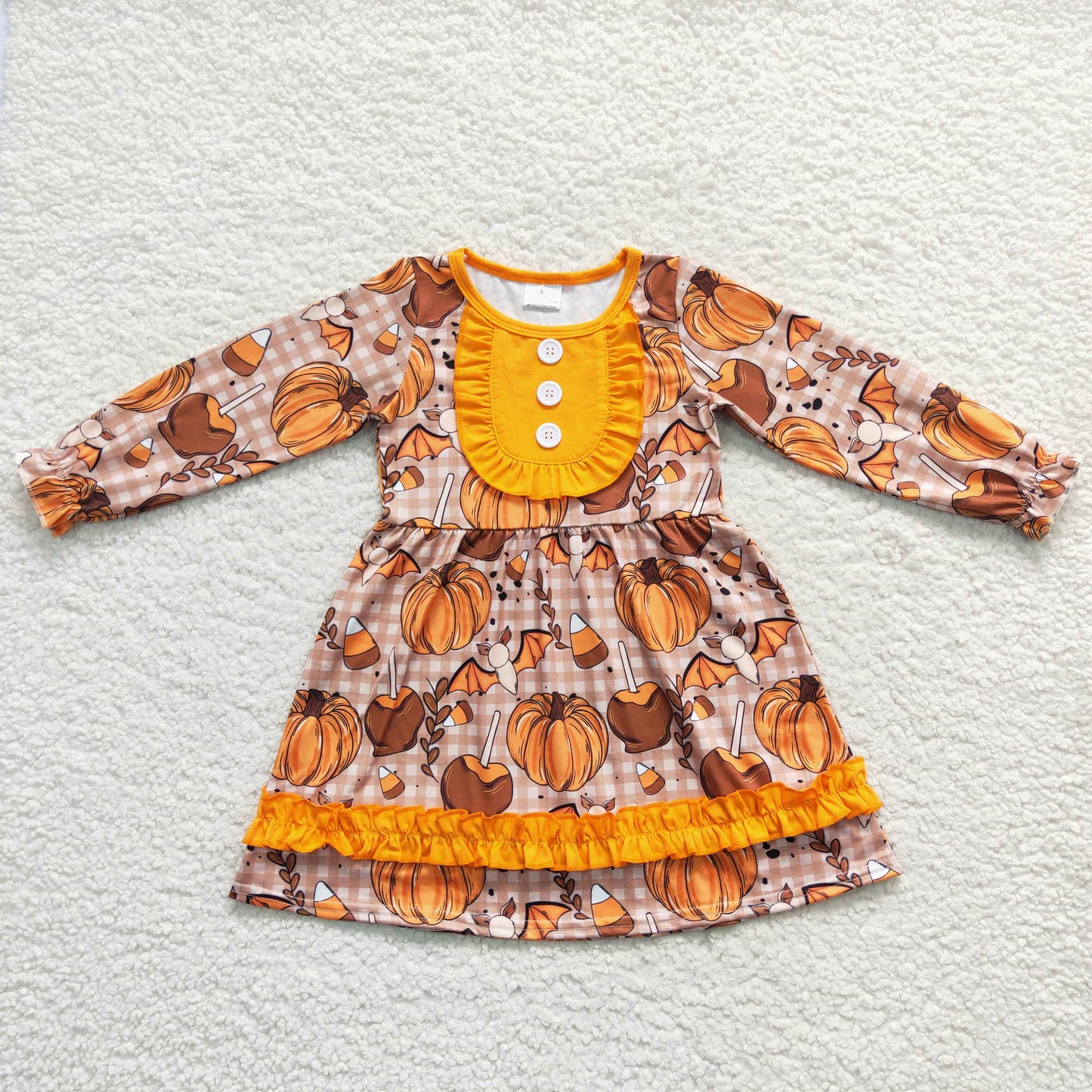 GLD0343 Baby Girl Halloween Pumpkin Candy Plaid Long Sleeves Dress