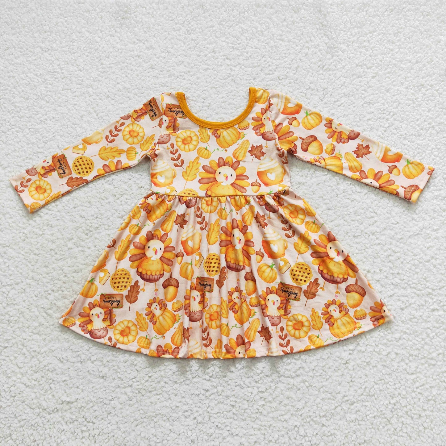 GLD0344 Thanksgiving Baby Girl Long Sleeves turkey Pumpkin Pie Dress