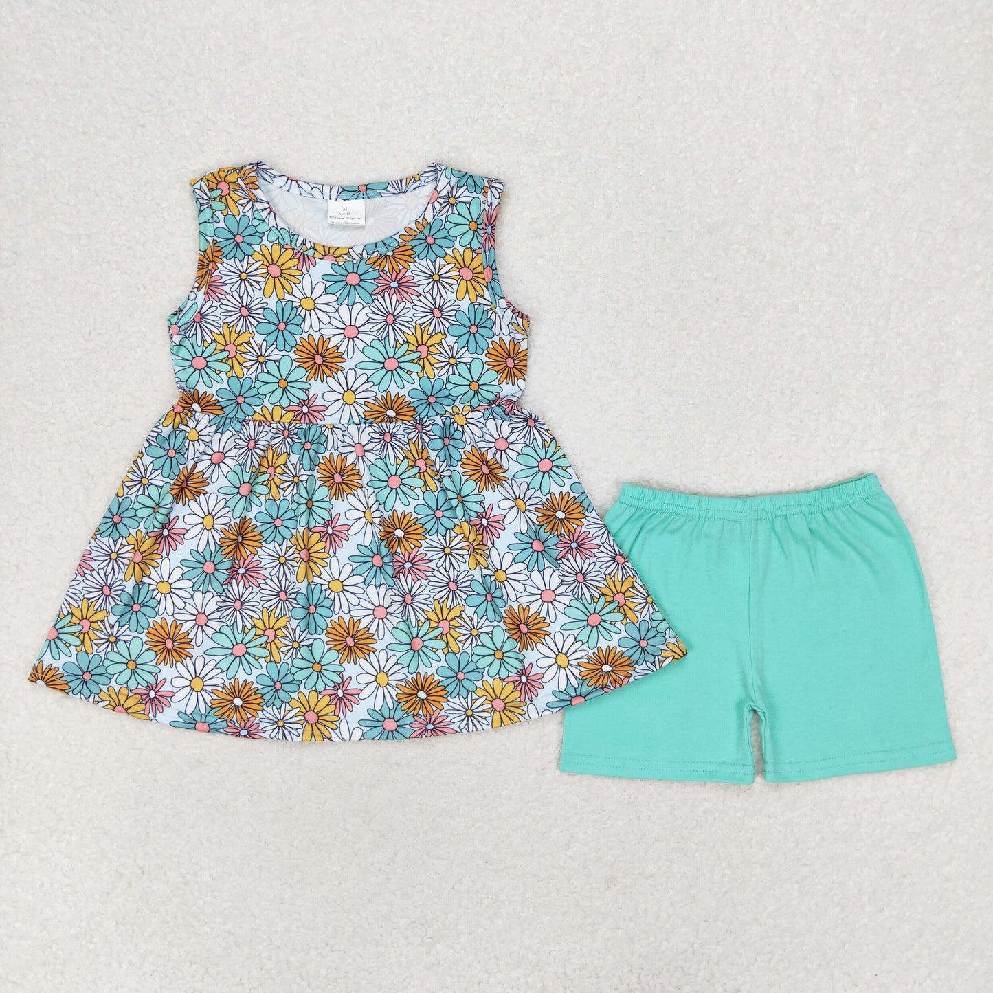 Baby Girl Sleeveless Flower Tops Green Shorts Summer Set