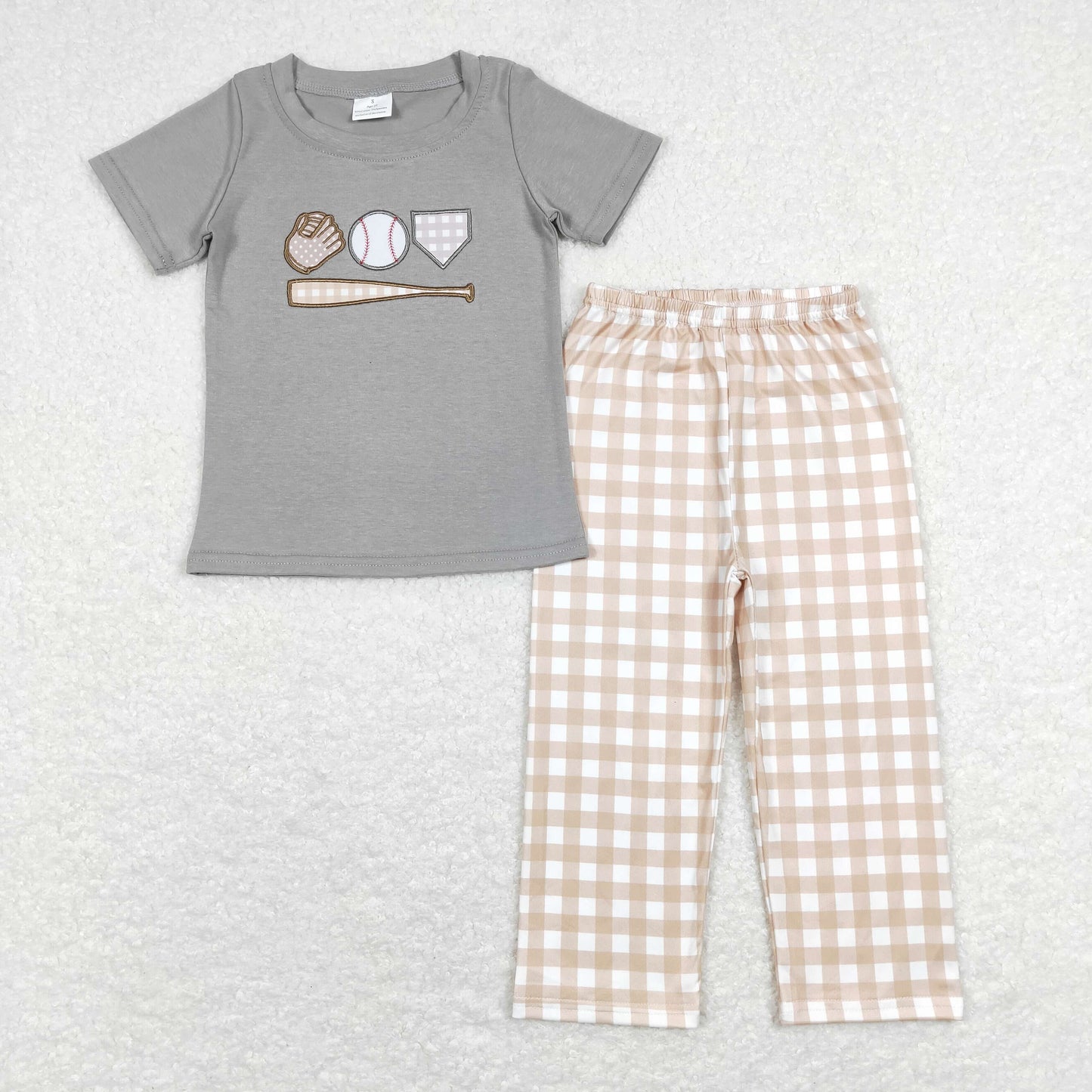 BSPO0244 Baby Boy Grey Short Sleeves Embroidery Baseball Cotton Shirt Plaid Pants Set