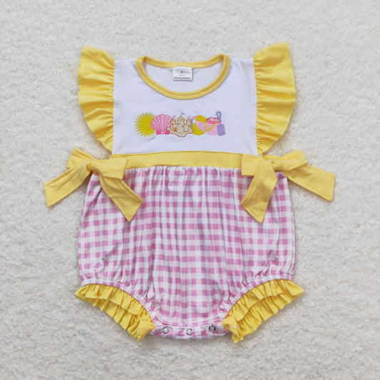 Baby Girl Short Sleeves Embroidery Castle Beach Pink Plaid Bubble One Piece Romper