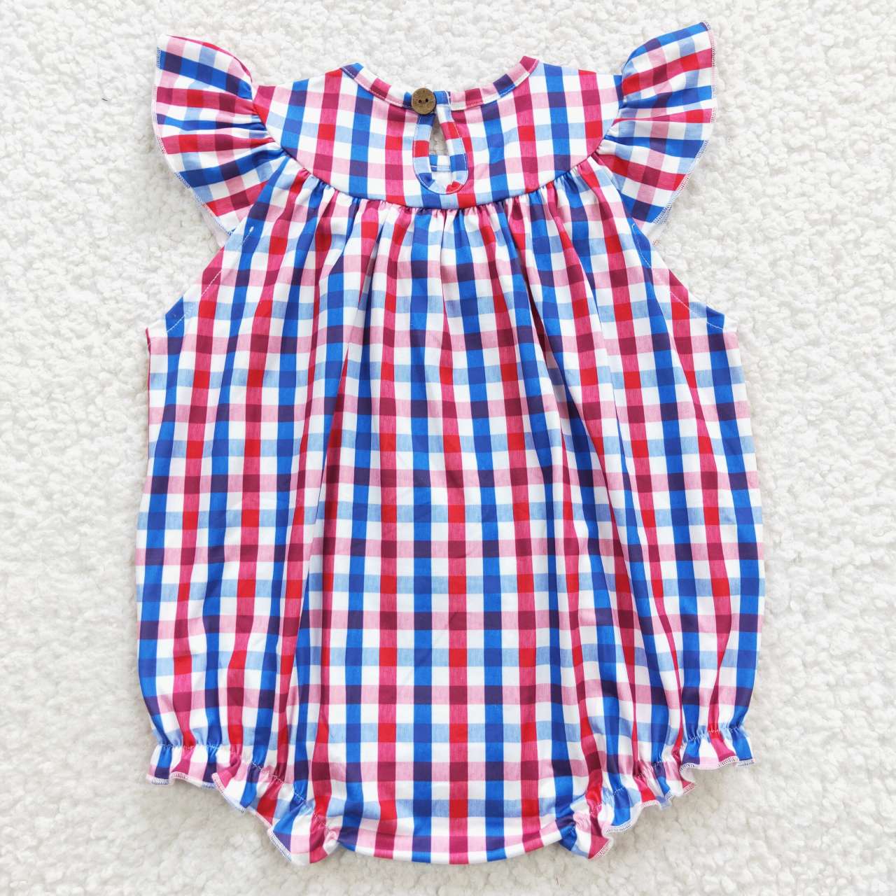 SR0388 July 4th Baby Girl Smocked Gingham Embroidery Romper