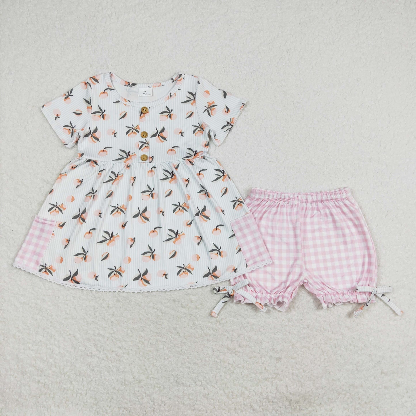 Baby Girls Peach Short Sleeve Top Pink Ginghim Shorts Set