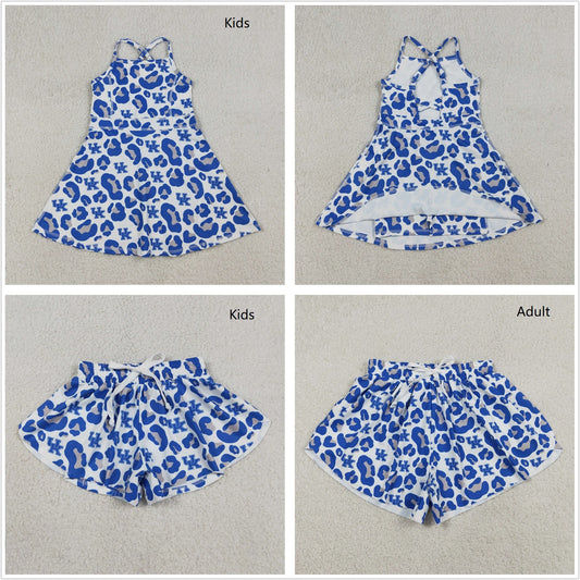 Sibling Baby Girls Adult Women Blue Leopard Team Yoga Active Ruffle Shorts Dress RTS