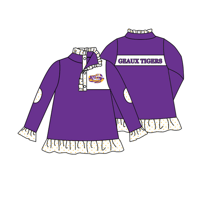 Baby Girl Long Sleeves Tiger Team Zipper Purple Ruffle Shirt Pullover ( Moq 5 )