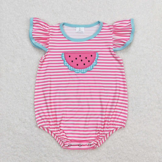 Baby Girl Embroidery Watermelon Summer Pink Stripes Bubble One Piece Romper