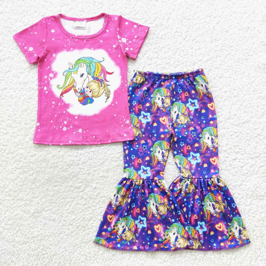 GSPO0730 Baby Girl Short Sleeves Shirt Purple Bell Pants Unicorn Outfit