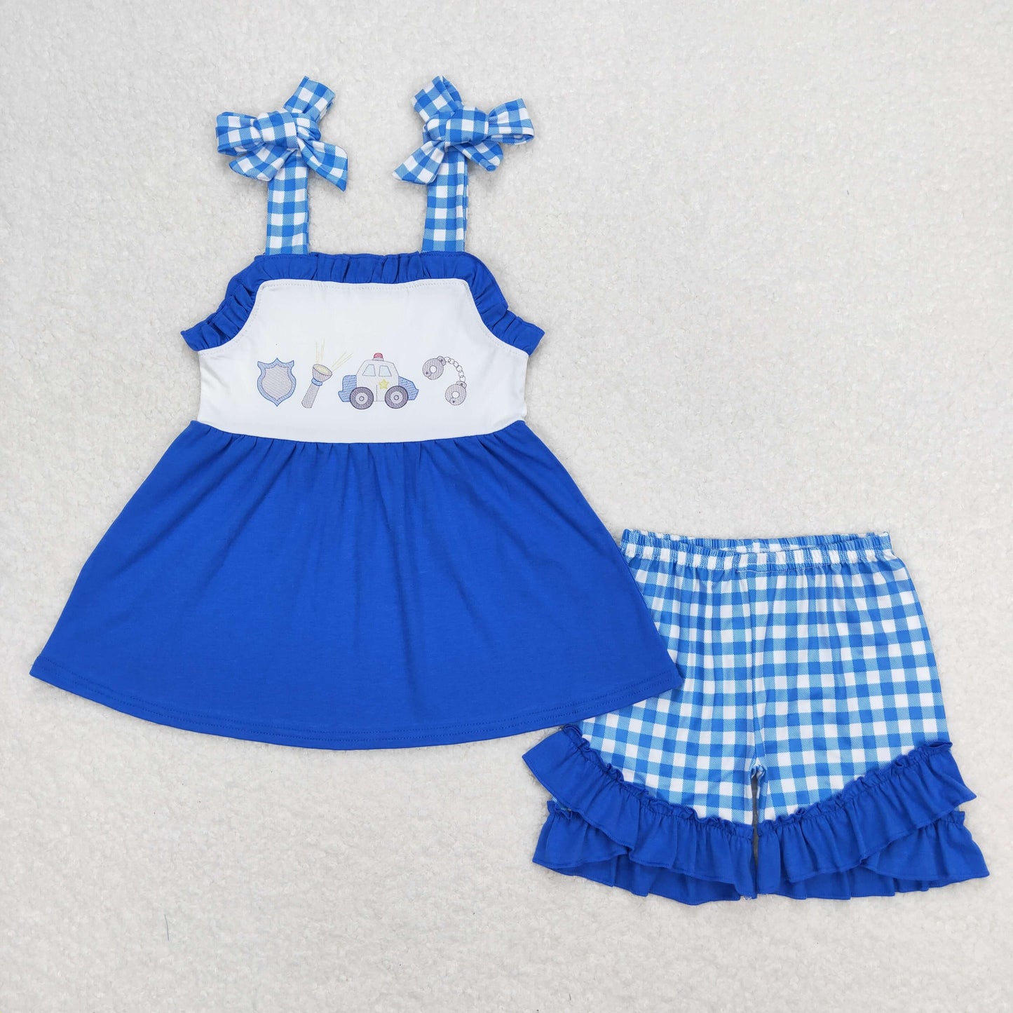 Baby Girl Summer Sleeveless Police Tops Blue Plaid Ruffle Shorts Set