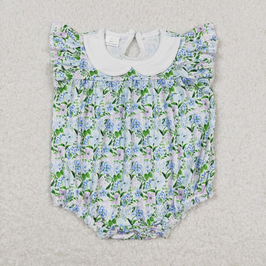 Baby Girl Short Sleeves Floral Bubble Blue One Piece Romper