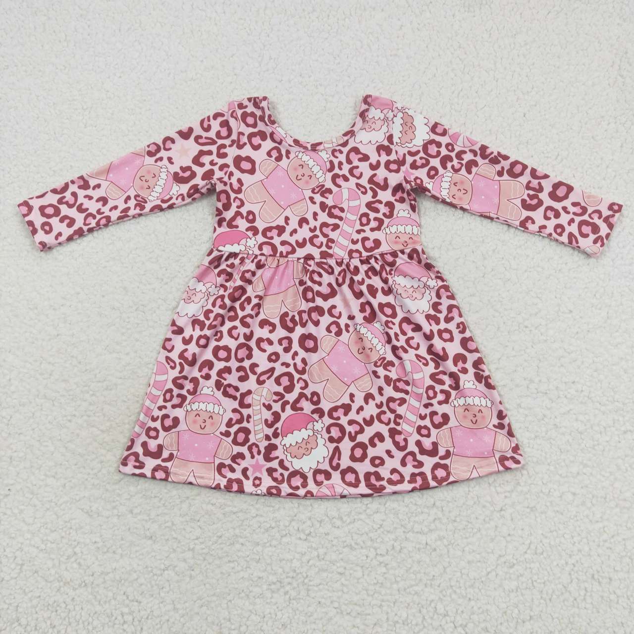 GLD0327  Baby Girl Christmas Santa Gingerbread Candy Pink Leopard Long Sleeves Dress