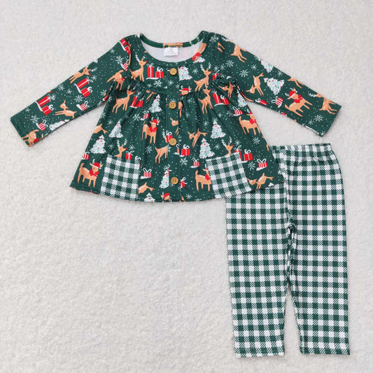 GLP0990 Baby Girl Long Sleeves Christmas Deer Tree Pocket Tunic Plaid Pants Outfit