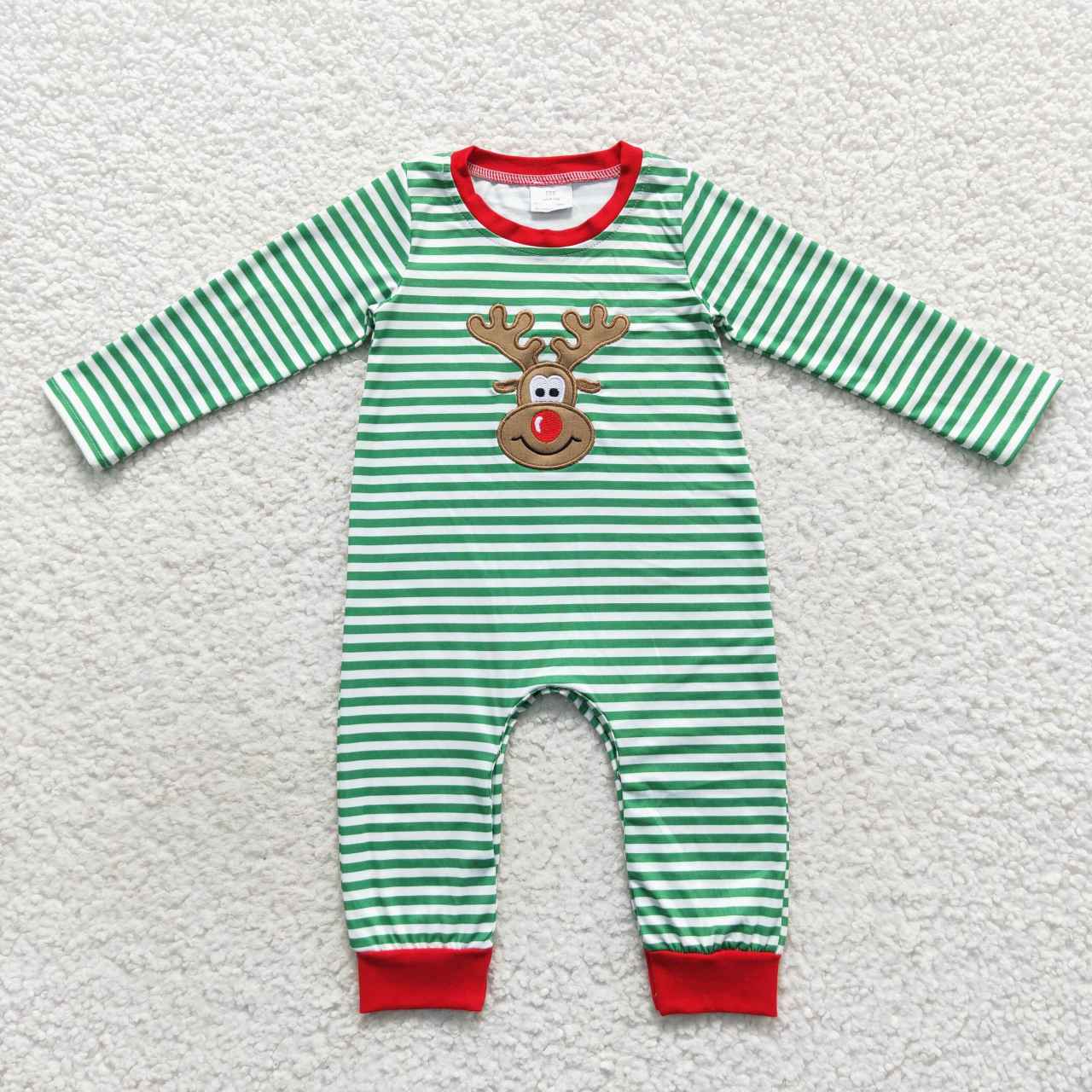 LR0339 Baby Girl Christmas Long Sleeves Embroidery Reindeer Striped Green One Piece Romper