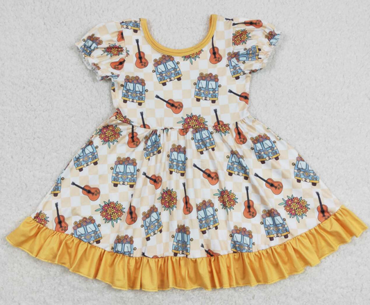 GSD0816 Baby Girl Short Sleeves Camping Bus Flowers Guitar Summer Dress