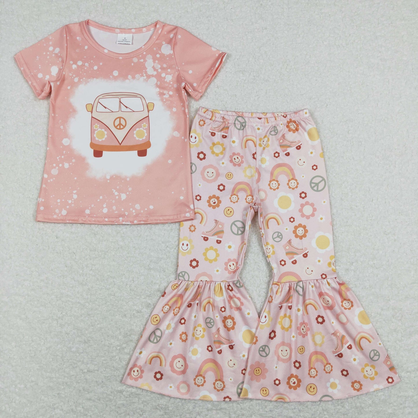 GSPO1243 Baby Girl Short Sleeves Peace Shirt Face Floral Bell Pants Set