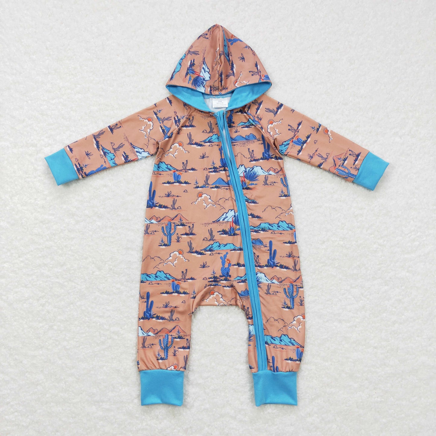 LR0702 Baby Boy Long Sleeves Hoodie Western One Piece Cactus Romper