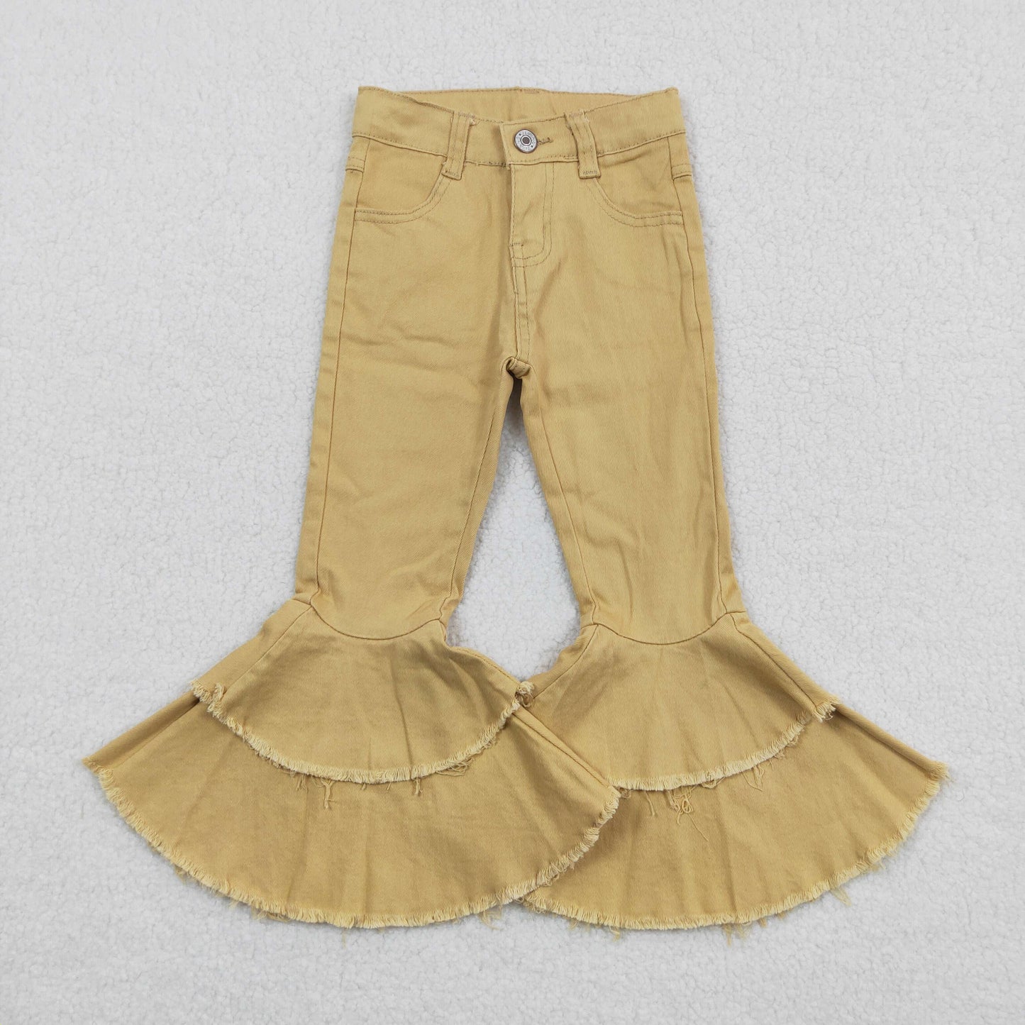 E12-20 Baby Girl Khaki Double Ruffle Denim Pants Jeans