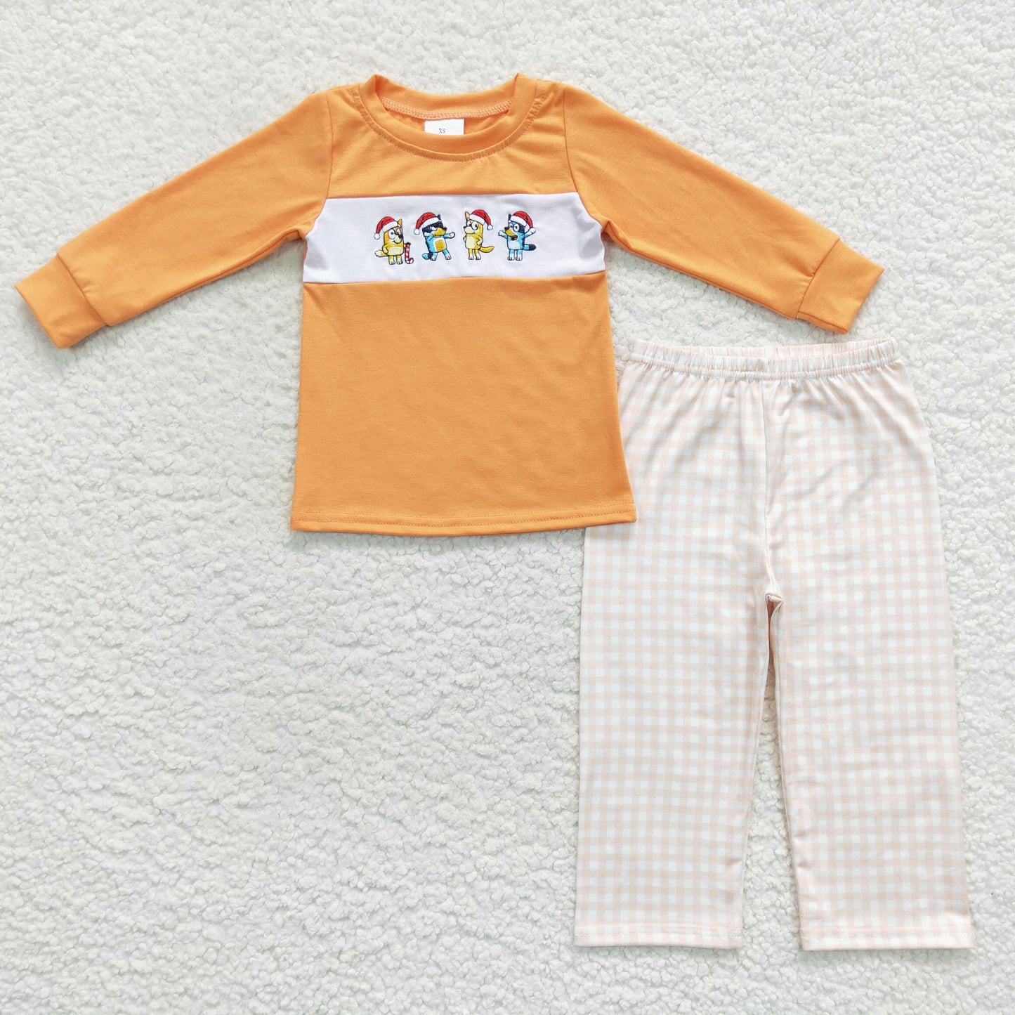 BLP0282 Baby Boy Long Sleeves Christmas Embroidery Dogs Shirt Plaid Pants Pajamas Outfit