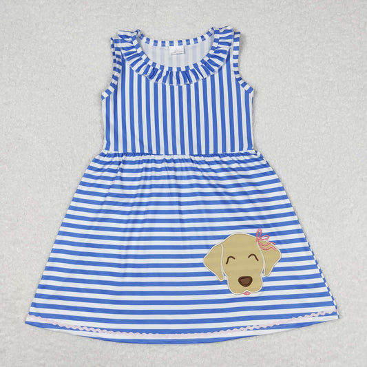 Baby Girl Sleeveless Embroidery Dog Stripes Blue Dress