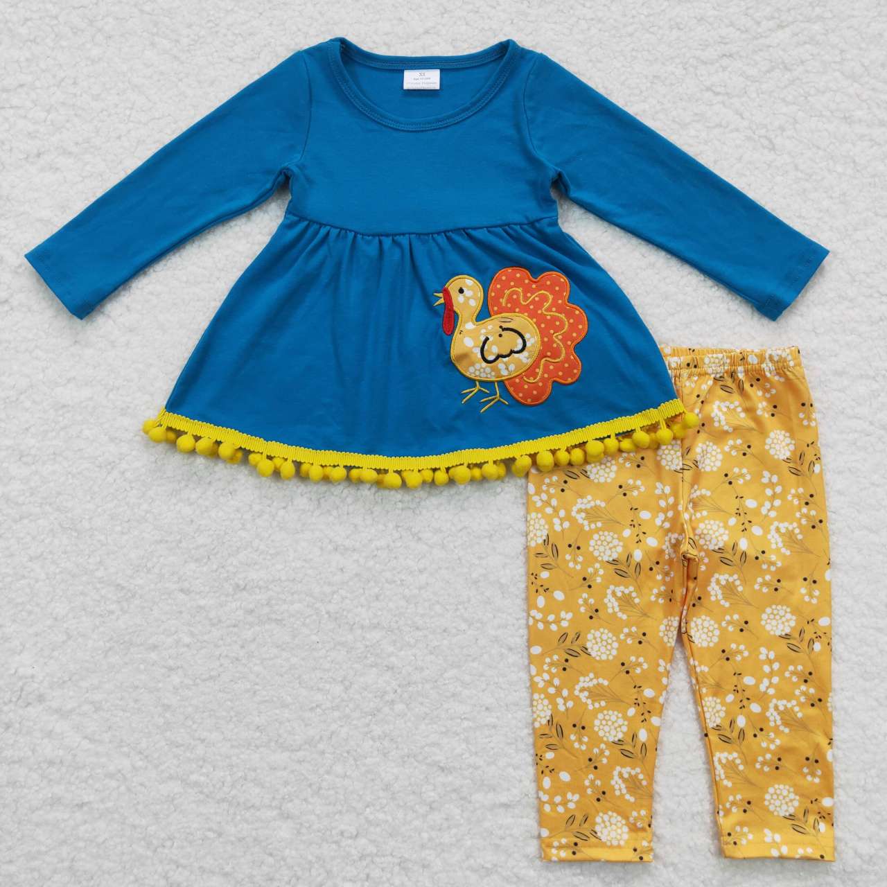 GLP0720 Baby Girl Thanksgiving Long Sleeves Embroidery turkey Tunic Floral Pants Outfit