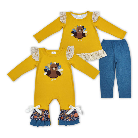 Baby Girl Toddler Embroidery turkey Sibling Sister Thanksgiving Romper Clothes Set