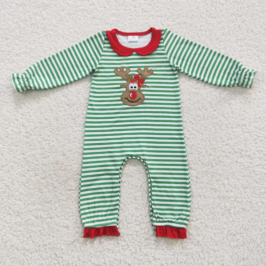 LR0339 Baby Girl Christmas Long Sleeves Embroidery Reindeer Striped Green One Piece Romper