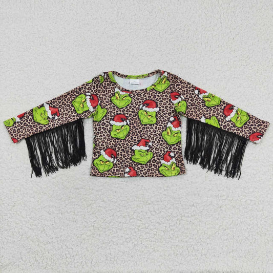 GT0190 Baby Girl Christmas Leopard Long Sleeves Tassel Green Shirt