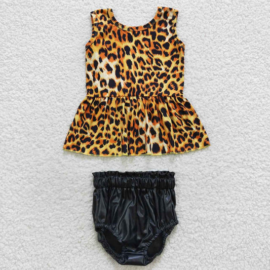 GBO0164 Baby Girl Leopard Tops Black Pleather Bummie Shorts Outfit