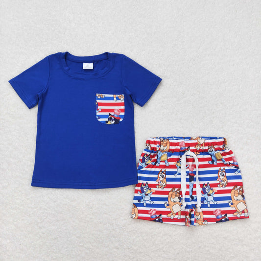 Baby Boy Short Sleeves Blue Shirt Dogs Stripes Shorts July 4th Set