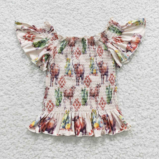 GT0182 Western Cow Cactus Baby Girl Off Shoulder Smocked Tops