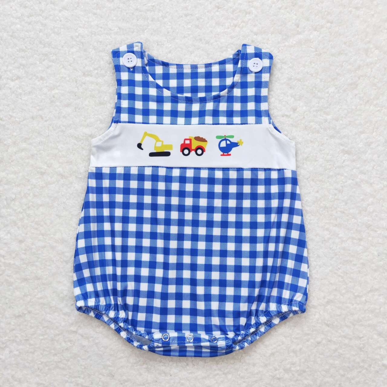 Baby Boy Constructions Blue Plaid Summer One Piece Romper