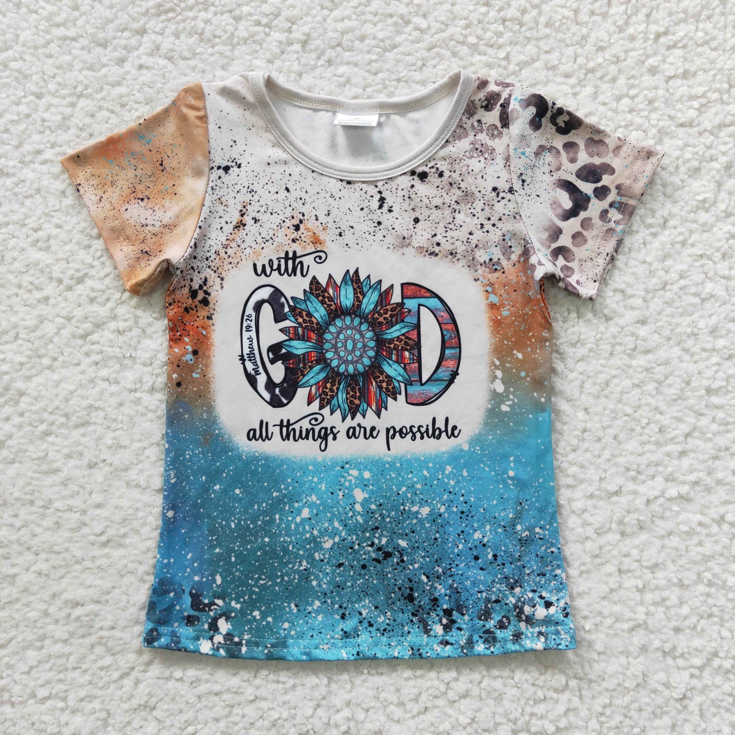 GT0195 Baby Kids Summer With God All Thing Are Possible Short Sleeves Sunflower Leoprad Tops Shirt