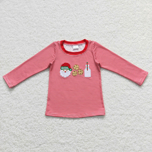 BT0370 Baby Boy Christmas Embroidery Long Sleeves Santa Cookie Red Stripes Shirt