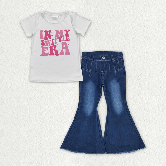 Baby Girl Short Sleeves Shirt Blue Denim Bell Pants Singer Set