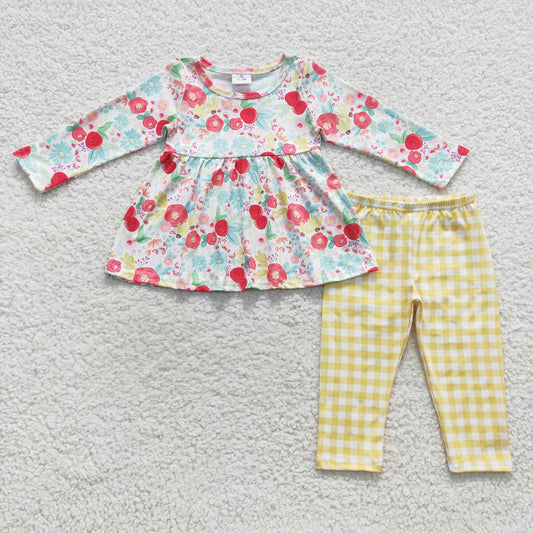 GLP0581 Baby Girl Floral Long Sleeves Tunic Yellow Plaid Pants Outfit