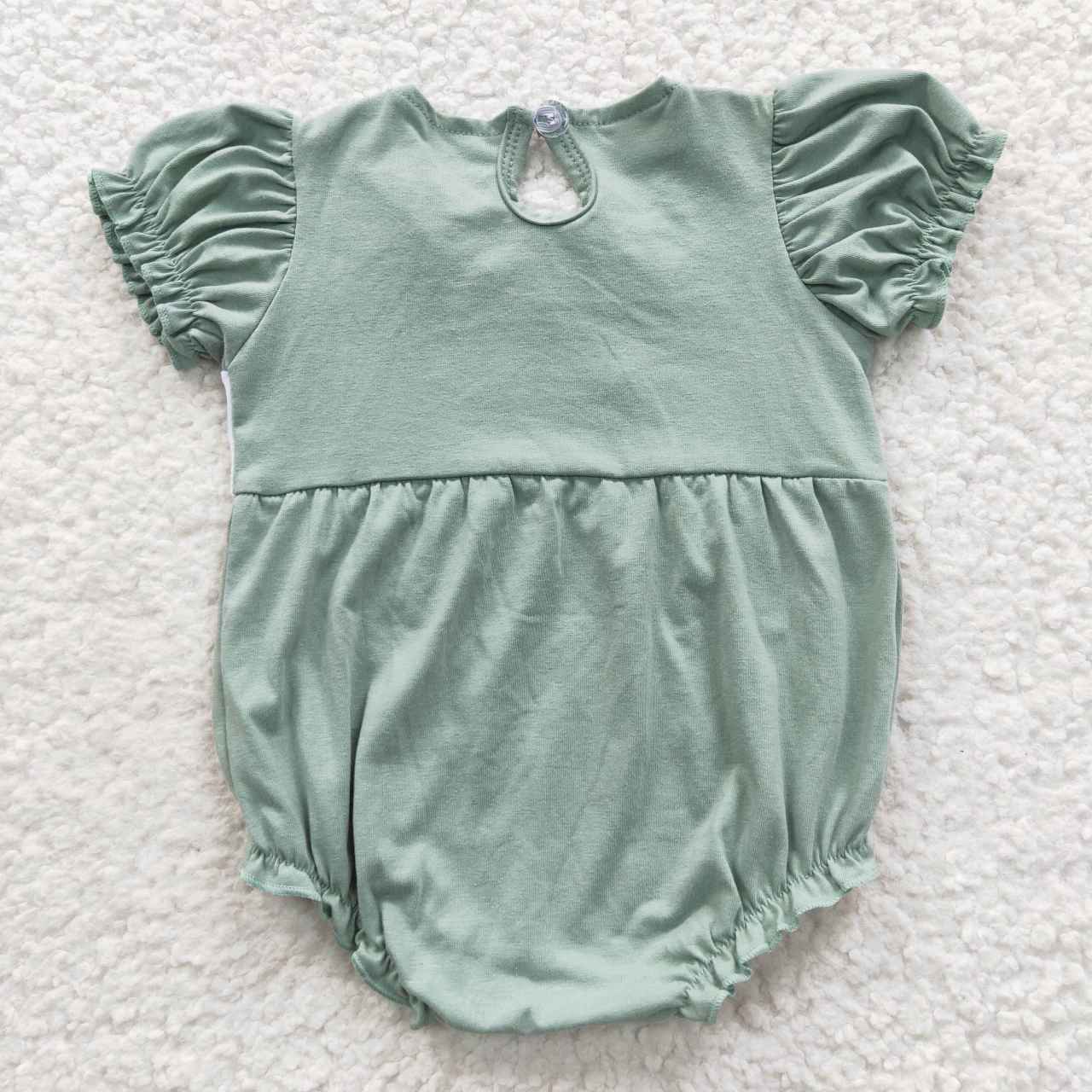 SR0373 Baby Girl Farm Cow Summer Embroidery Green Cotton Bubble Romper